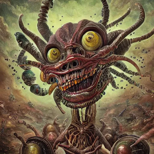 Image similar to a hyper - detailed painting of a deformed alien with various eyes, legs and arms, with skin with scales and strange textures, his mouth is open and they are screaming, from his mouth come out various chaotic monsters seeking revenge on evil humans and enslaving aliens