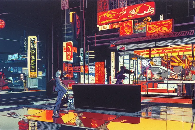 Prompt: a fast food window downtown in neo - tokyo. concept art by syd mead