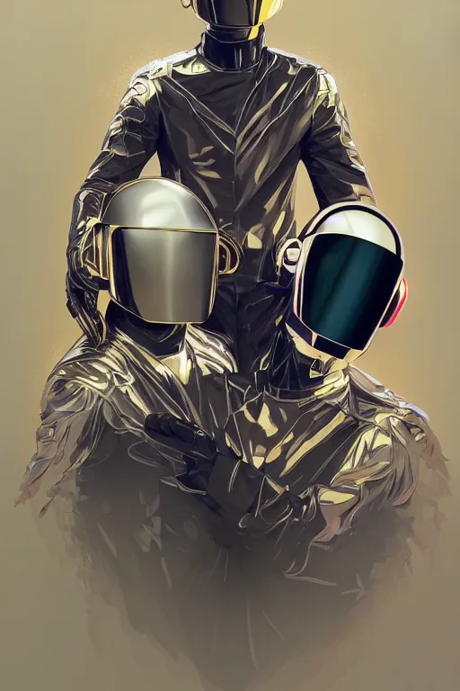 Image similar to A full portrait of Daft Punk, intricate, elegant, highly detailed, digital painting, artstation, concept art, smooth, sharp focus, illustration, art by Krenz Cushart and Artem Demura and alphonse mucha