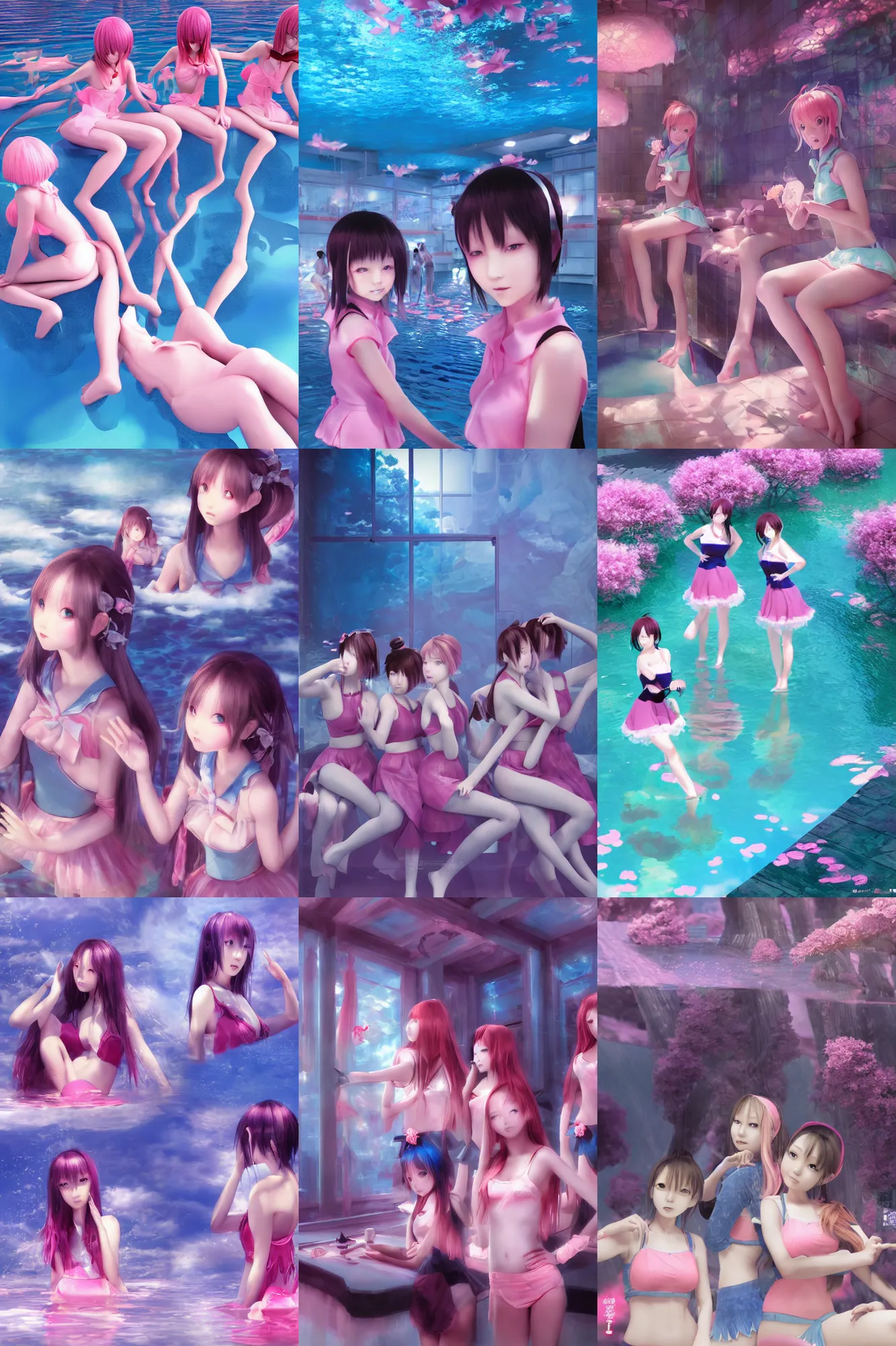 Prompt: 3d dark infrared octane render concept art by D. Jun, by Mo Xiang Tong Xiu, by Igarashi Daisuke, beauty portrait anime schoolgirls under dark pink and blue water. cute face. complex mirror pool room