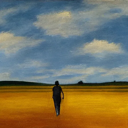 Image similar to a landscape with a person walking across a field, in the style of Midjourney