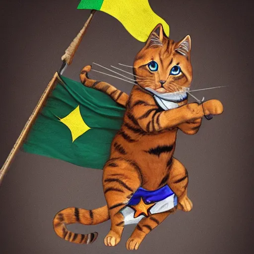 Image similar to a small cat warrior with his national flag riding a large cat steed