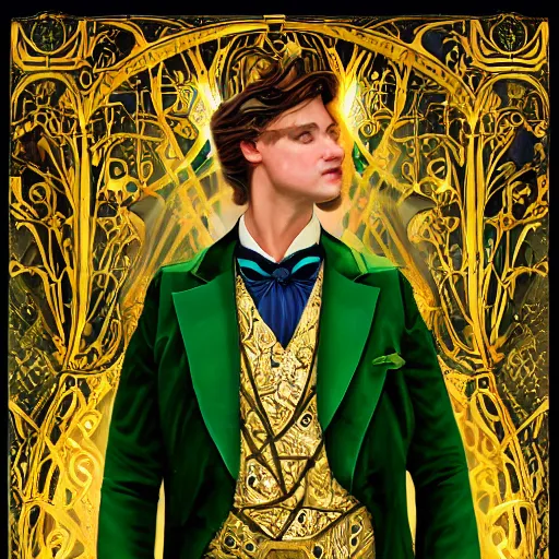 Prompt: stunning, breathtaking, awe-inspiring award-winning concept art nouveau painting of a well dressed bard wearing a green vest with intricate gold patterns surrounded by musical notes made of light energy, by John Avon, extremely moody lighting, glowing light and shadow, atmospheric, cinematic, 8K