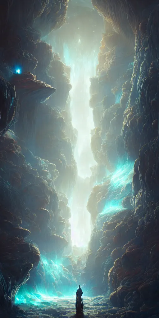 Image similar to Detailed Interior of the Blue Moon Cratered Canyon, Nebula Sky, Airless, light shafts, the glowing throne, stunning atmosphere, in Style of Peter Mohrbacher, cinematic lighting