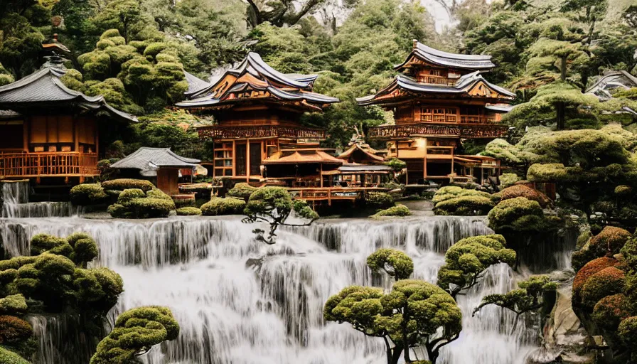 Prompt: A secret dreamy Japanese Victorian style cozy cabin cafe neighborhood city behind a waterfall with many glowing lanterns and ornate creative decorations by Gucci, lush plants and bonsai trees, fashionable people walking around, mossy rocks, bookshelves, floating koi fish, magical feeling vibes, hidden tiny houses, style by Wes Anderson and James Jean