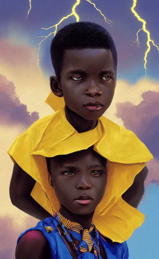 Image similar to upper half portrait of an african boy - in yellow cape - inside puffy clouds - surrounded by bolts of lightning - rays of light emanating from clouds - in drew struzan movie poster style, art by drew struzan & hsiao - ron cheng, highly detailed, digital painting, ray tracing, illustration, smooth, sharp focus, intricate, symmetry, artstation,