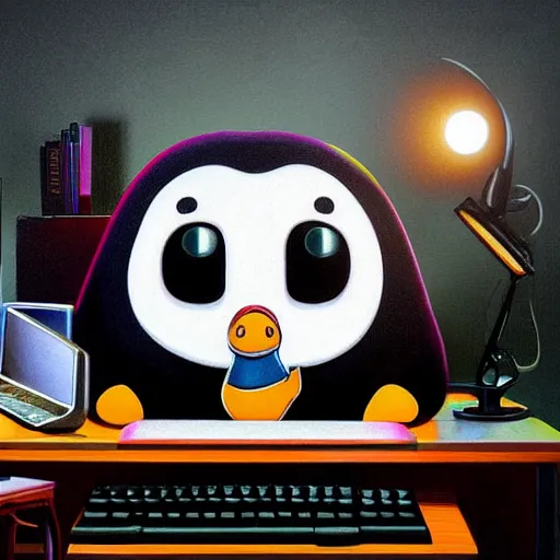 Image similar to pingu sitting behind a computer, 3 d render, painted by mark ryden, art, epic lighting