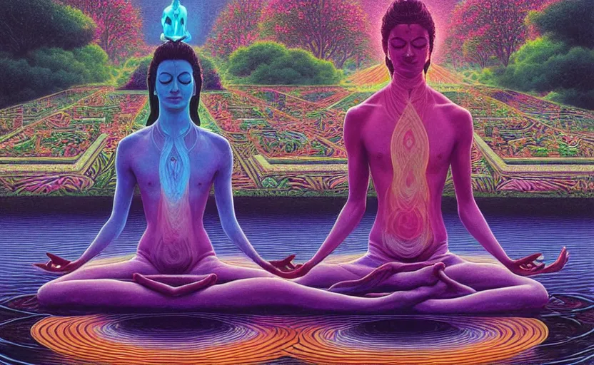 Image similar to psychedelic yogi meditating in the lotus position, levitating over reflecting pool hd by Greg rutkowski and Alex grey