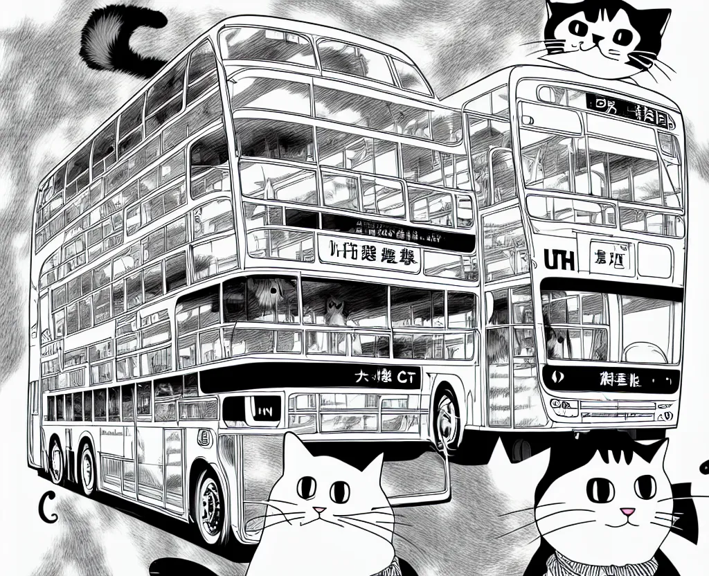 Image similar to Cat transformed into a bus, in the style of Manga, Eichiro Oda, hyper detailed, UHD, 8K details