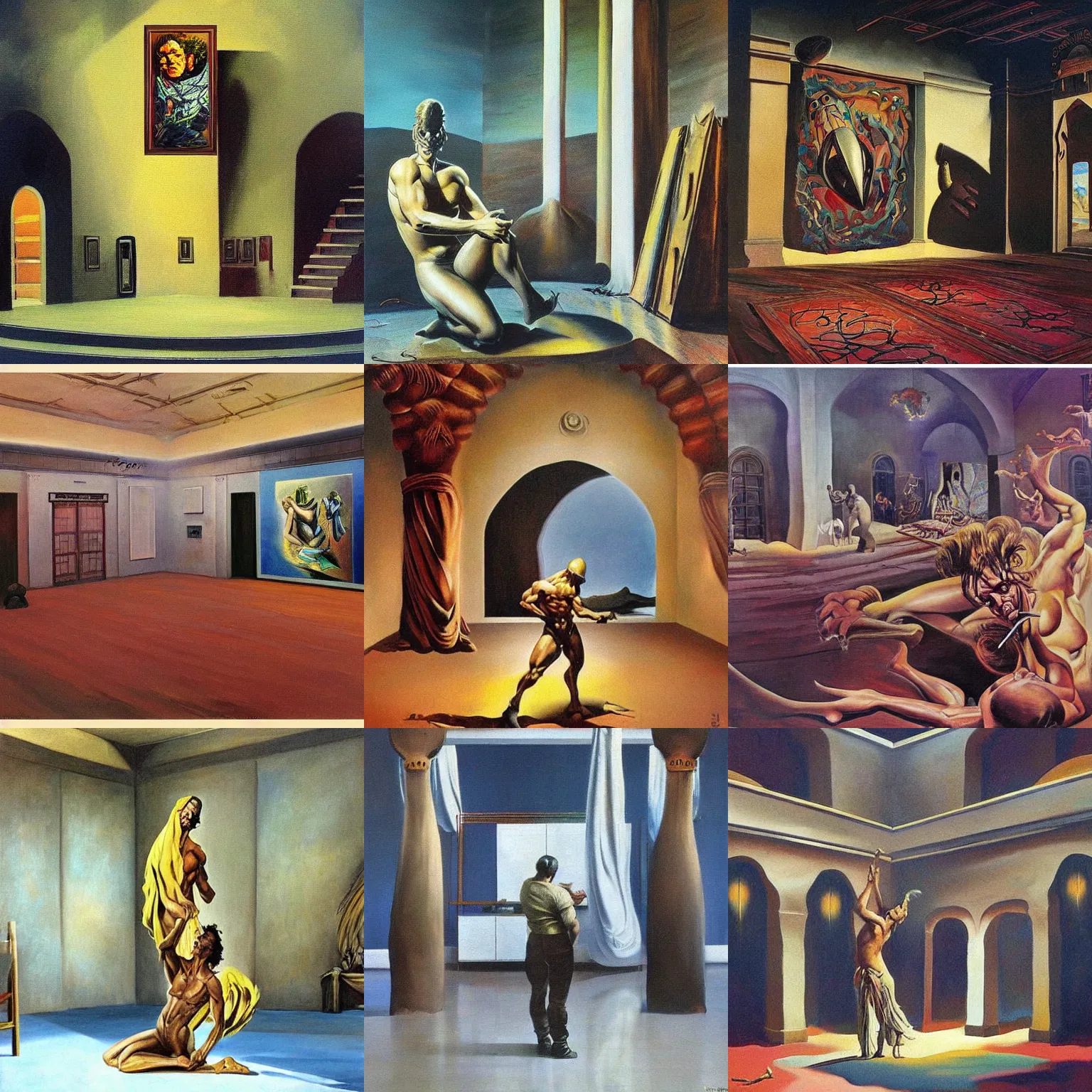 Prompt: worksafe. a perfect painting artwork by boris vallejo, salvador dali and frank frazetta, of an empty arabic hall.