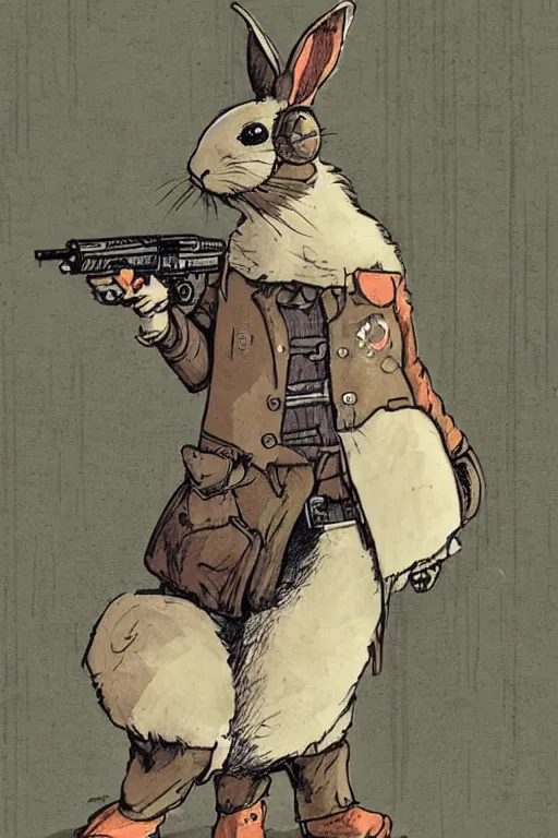 Prompt: cyberpunk rabbit with a shotgun, artwork by Beatrix Potter