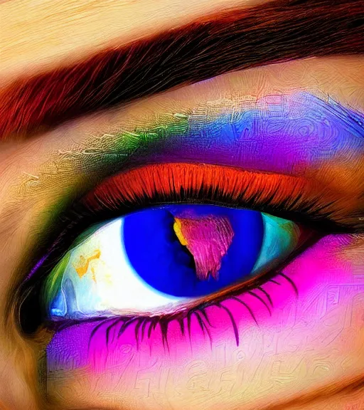 Image similar to photo realistic digital art of the most handsome young man in the world, he is seductive, beautiful and has multicoloured eyes that shine. very colourful background