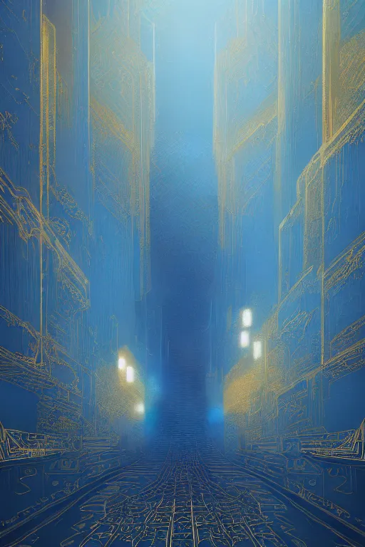 Image similar to art deco patterns, blue and gold, 8 k, powerfull, intricate, elegant, volumetric lighting, scenery, digital painting, highly detailed, artstation, sharp focus, illustration, concept art, ruan jia, steve mccurry, beksinski