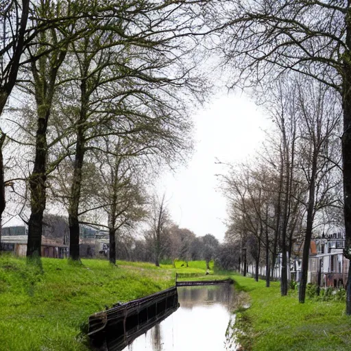 Prompt: moon over canal, next to the canal there are trees and grass