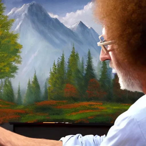 Image similar to a closeup photorealistic photograph of bob ross working on a canvas painting of spiderman. film still. brightly lit scene. mountains and trees. this 4 k hd image is trending on artstation, featured on behance, well - rendered, extra crisp, features intricate detail, epic composition and the style of unreal engine.