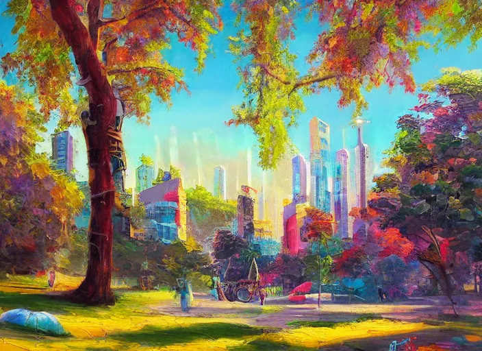 Image similar to bright beautiful oil painting of a futuristic city park by Alexander Labas