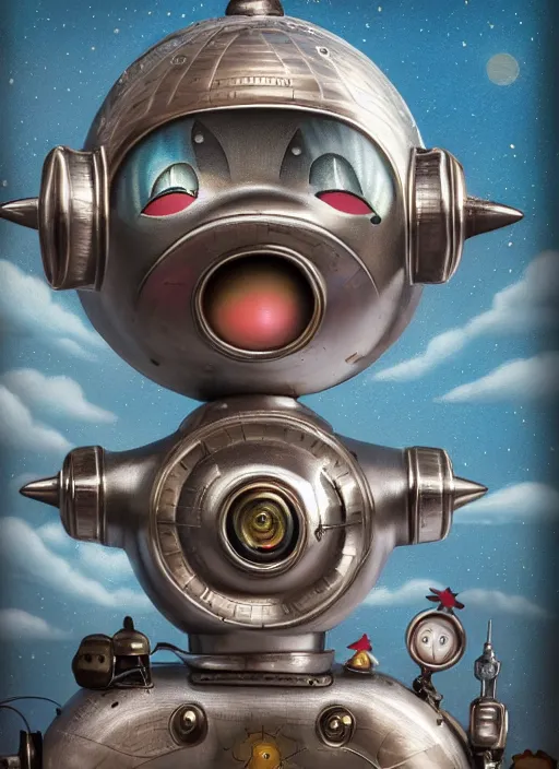 Image similar to highly detailed closeup portrait of a cute tin toy retro rrocket spaceship, nicoletta ceccoli, mark ryden, lostfish, earl nore, hyung tae, frank frazetta, global illumination, god rays, detailed and intricate environment