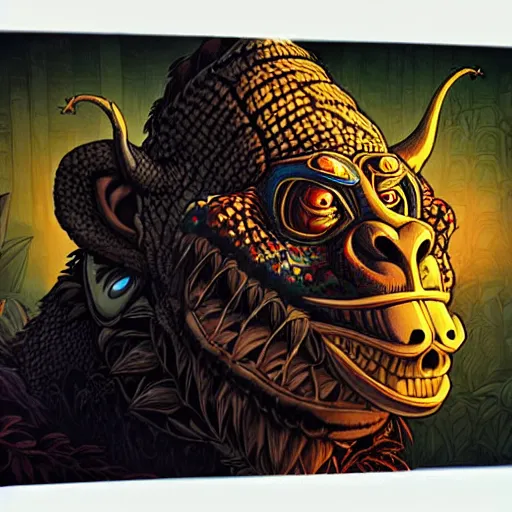 Prompt: barong family member, wiwek, mara demon, one single tribe member, jungle, one single mask, dark, ancient warrior, gorilla, lizard, tribal, inner glow, art by dan mumford and justin gerard and sachin teng