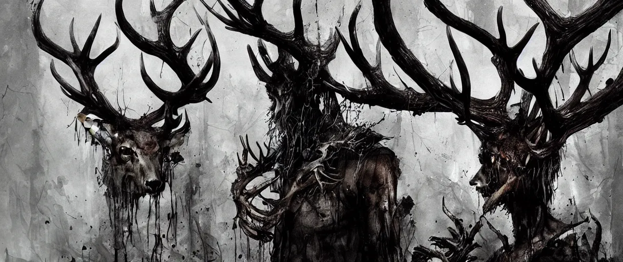 Image similar to portrait of leshen with deer skull and antlers from witcher 3 by emil melmoth zdzislaw beksinki craig mullins yoji shinkawa realistic render ominous detailed photo atmospheric by jeremy mann francis bacon and agnes cecile ink drips paint smears digital glitches glitchart