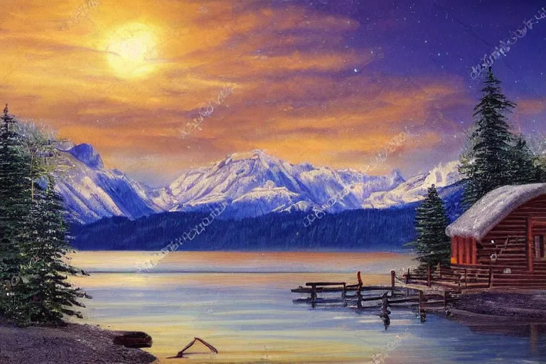 Image similar to a beautiful painting of a log cabin by a lake in front of snowcapped mountains at night. there's smoke coming from the chimney of the log cabin.