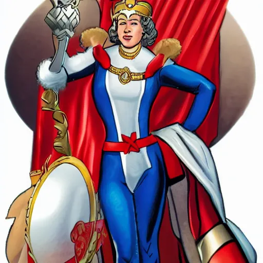 Prompt: Queen Elizabeth as Captain Britainica from Marvels Avengers, age of Duracell