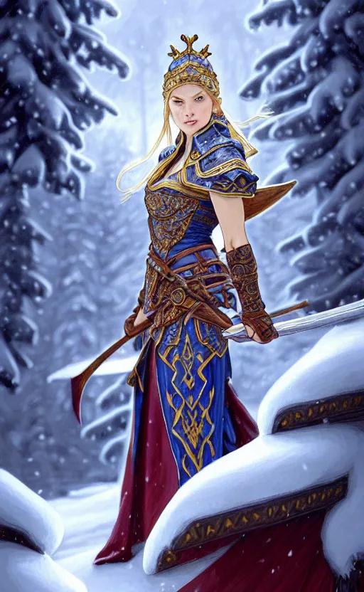 Image similar to sapphire viking warrior, regal, elegant, winter, snow, beautiful, stunning, hd, illustration, epic, d & d, fantasy, intricate, elegant, highly detailed, wide angle, digital painting, artstation, concept art, smooth, sharp focus, illustration, wallpaper, art by artgerm and greg rutkowski and alphonse mucha and jin xiaodi