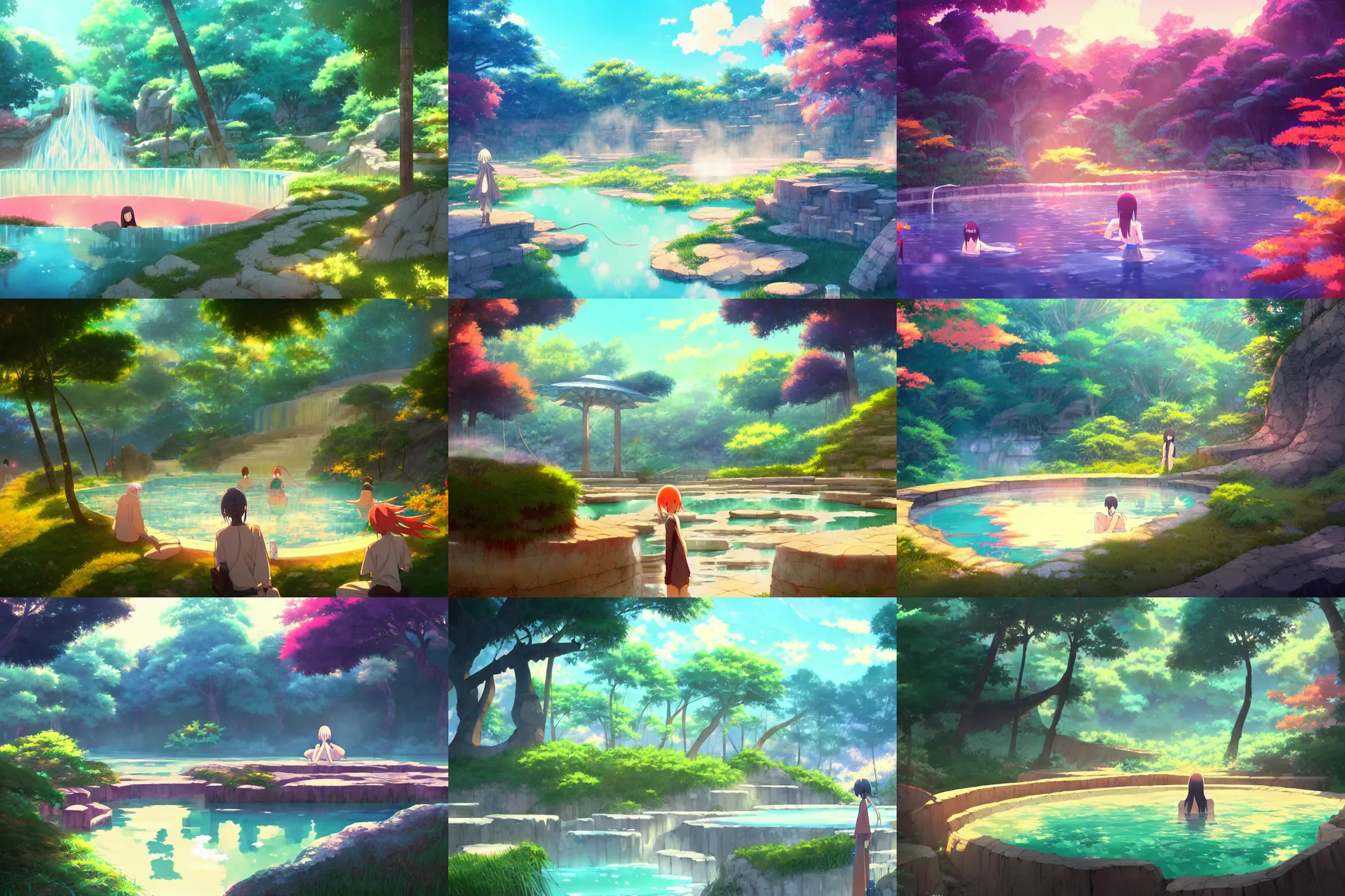 Prompt: a natural hotspring on the outskirts of a colorful kitsune wizard college, anime movie background, key visual, bamboo, a fantasy digital painting by makoto shinkai, trending on artstation, highly detailed