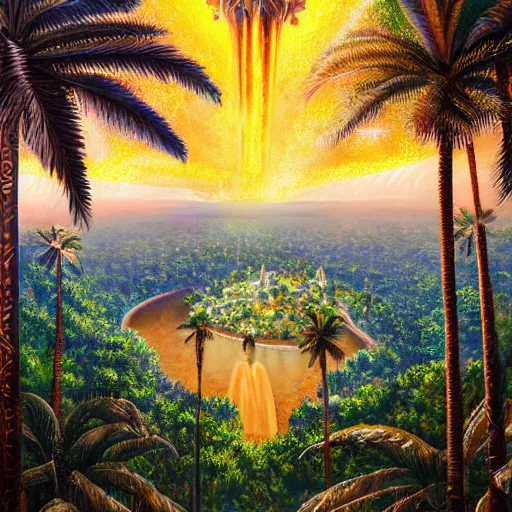 Image similar to a ultradetailed beautiful painting of el dourado, amazonas by aulo maiskiankski, major arcana mason sparkles sky, and dougherty patrick, trending on artstation, mediterranean, palm trees, light sparkles, major arcana sky, sharp focus, soft light