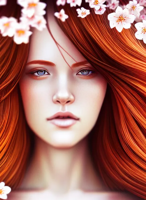 Image similar to photo of a gorgeous female with auburn hair in the style of stefan kostic, realistic, half body shot, sharp focus, 8 k high definition, insanely detailed, intricate, elegant, art by stanley lau and artgerm, extreme blur cherry blossoms background