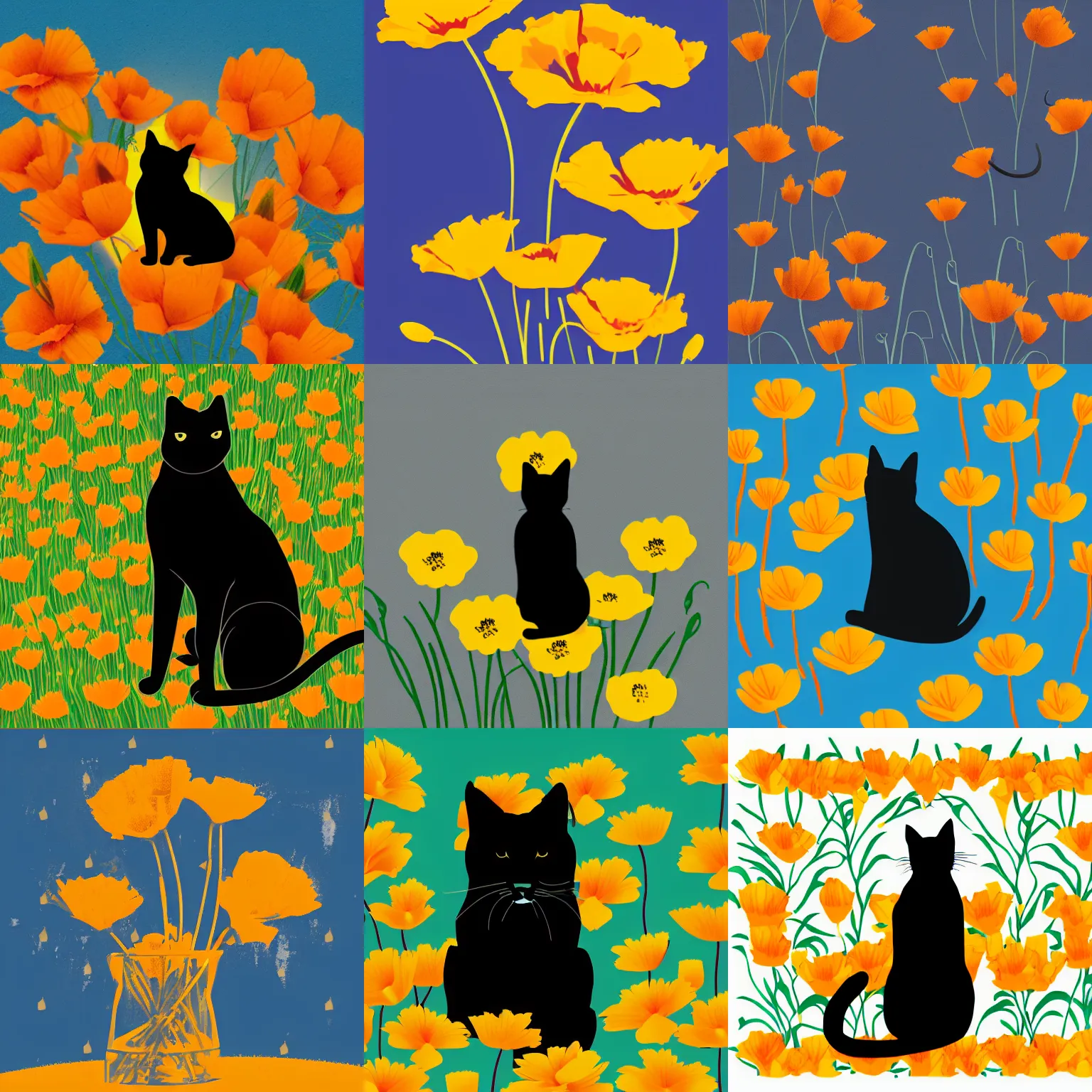 Prompt: svg silhouette image of a cat sitting with california poppies