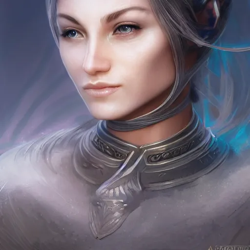 Image similar to A head and shoulders portrait of a mystical female warrior in shiny armorm in an enchanted zen garden, by Artgerm, sci-fi, fantasy, intricate, very very beautiful, elegant, highly detailed, digital painting, artstation, concept art, smooth, sharp focus, Cinematic Lighting, Unreal Engine, 8k, HD