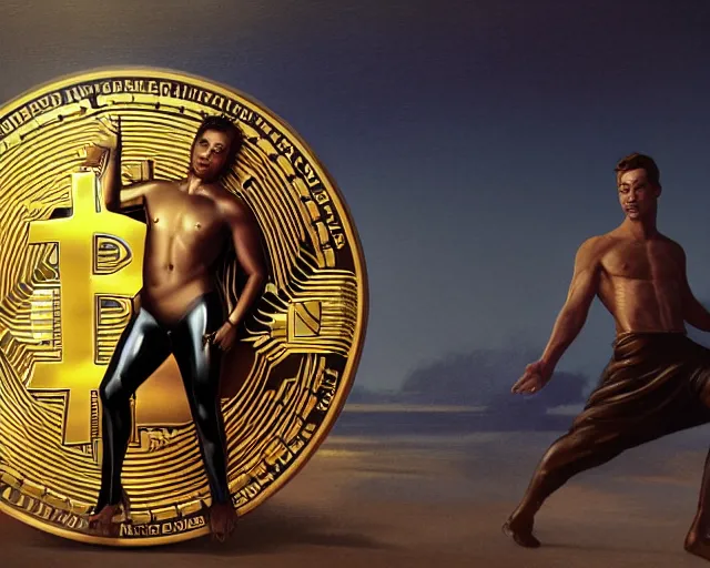 Prompt: attractive oiled up glossy man posing in front of a huge golden bitcoin, angelic light, commercial by annie liebovitz, gaston bussiere, craig mullins, j. c. leyendecker, photorealistic, trending artstation, 8 k