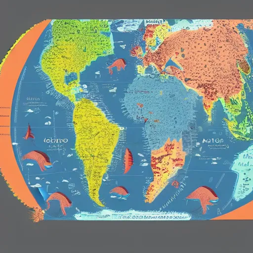 Prompt: a cartographic map of continents made of a group of squishy monsters