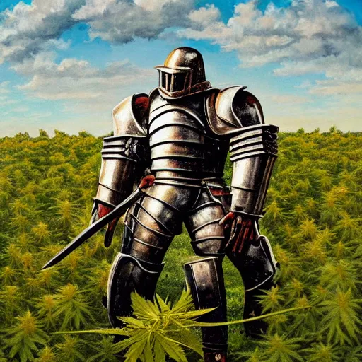 Prompt: an high detailes acryl painting of a full armored knight, squatting in a field of cannabis plants, colorfull, trending on artstation