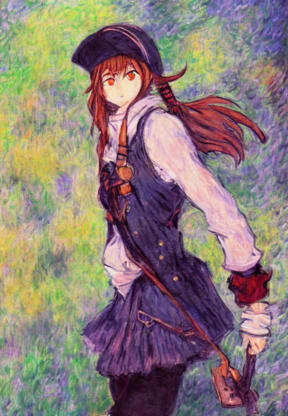 Image similar to wide angle painting of a teenage pirate girl, a thrifty uniform, somewhat of an anime in impressionist style, trending artwork, illustrated in anime painter studio, by claude monet and an anime artist, collaboration