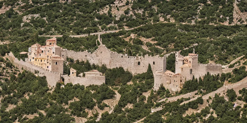 Prompt: an italian castle high on a mountain, sunny day, olive grove, high detail, 8 k, award winning, behance, by lorenzo lanfranconi