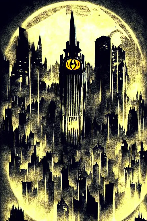 Image similar to gotham city with batman logo in sky, aesthetic, fantasy, bioshock pop art, by mike swiderek, jorge lacera, ben lo, tyler west,, ultrarealistic, sharp focus, intricate, ultra high definition details, shadow effect