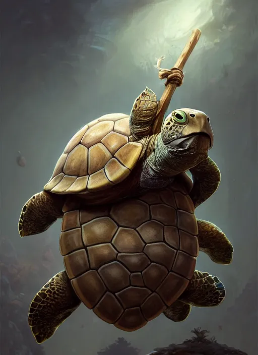 Image similar to cute wise sage turtle holding a staff, subsurface scattering, by jesper ejsing, justin gerard, tomasz alen kopera, cgsociety and fenghua zhong, highly detailed, rim light, cinematic lighting, illustration, art, octane render, very coherent, cinematic, hyper realism, high detail, octane render, 8 k