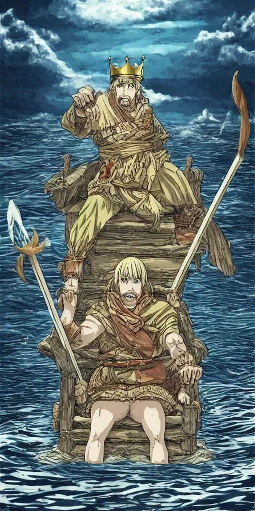 Prompt: a lone king sitting on a throne floating on water in the middle of a lake drawn by Makoto Yukimura in the style of Vinland saga anime, full color, detailed