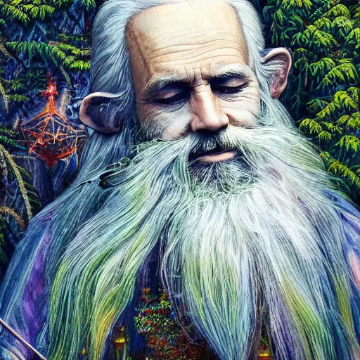 Image similar to a high detailed hyper-detailed painting of an old psychedelic and mystical hermit with white hair and a long beard, his skin has wrinkles and striking textures, he has an open third eye and is in a fantastic forest with magical creatures like sylphs, elves and elves