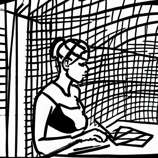 Prompt: high detail sketch of woman painting a self portrait in a complex geomtrically patterned studio and all the lonely people