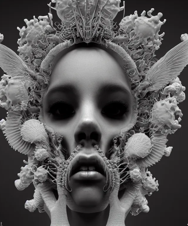 Image similar to symmetrical goddess close-up portrait wigh crown made of skulls. betta fish, phoenix, bioluminiscent creature, intricate artwork by Tooth Wu and wlop and beeple. octane render, trending on artstation, greg rutkowski very coherent symmetrical artwork. cinematic, hyper realism, high detail, octane render, 8k