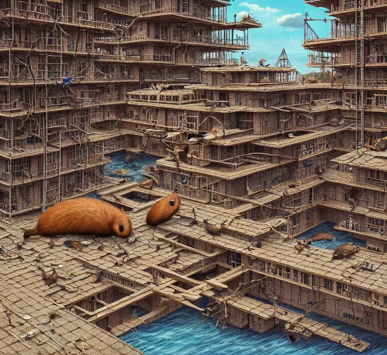 Image similar to hyperrealism photography hyperrealism concept art of highly detailed beavers builders that building highly detailed futuristic city with sticks by wes anderson and hasui kawase and scott listfield sci - fi style hyperrealism