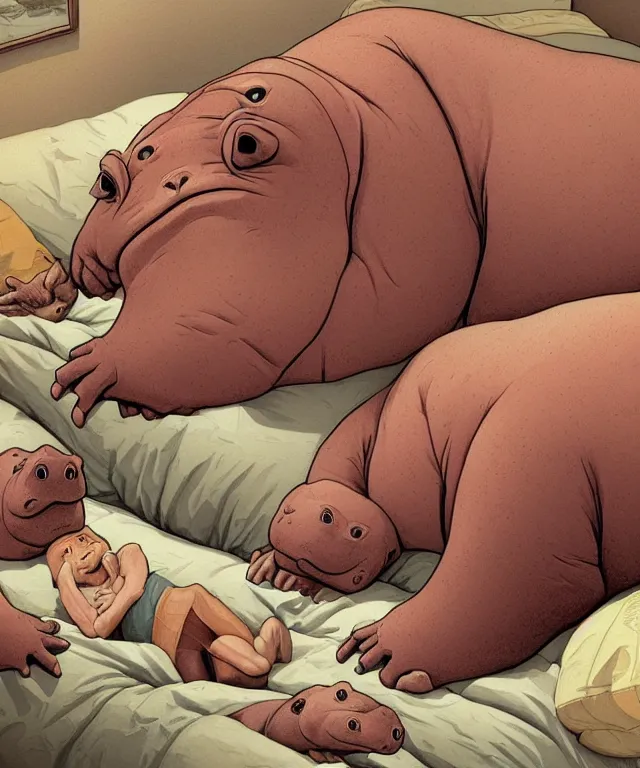 Image similar to tired humanoid hippo lying in bed, closeup, centered composition, digital painting, artstation, concept art, kids book illustration, sharp focus, octane render, illustration, art by geof darrow,