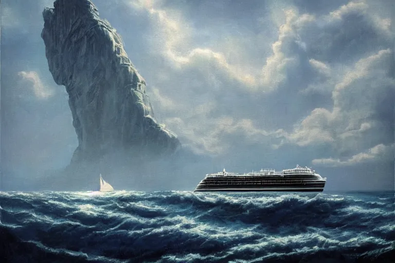 Prompt: photorealistic blue - toned photo of a cruise ship sailing near a tropical skull - shaped cliff, dark, brooding, atmospheric, lovecraft, horror, smooth, epic, highly detailed, cinematic, by clyde caldwell