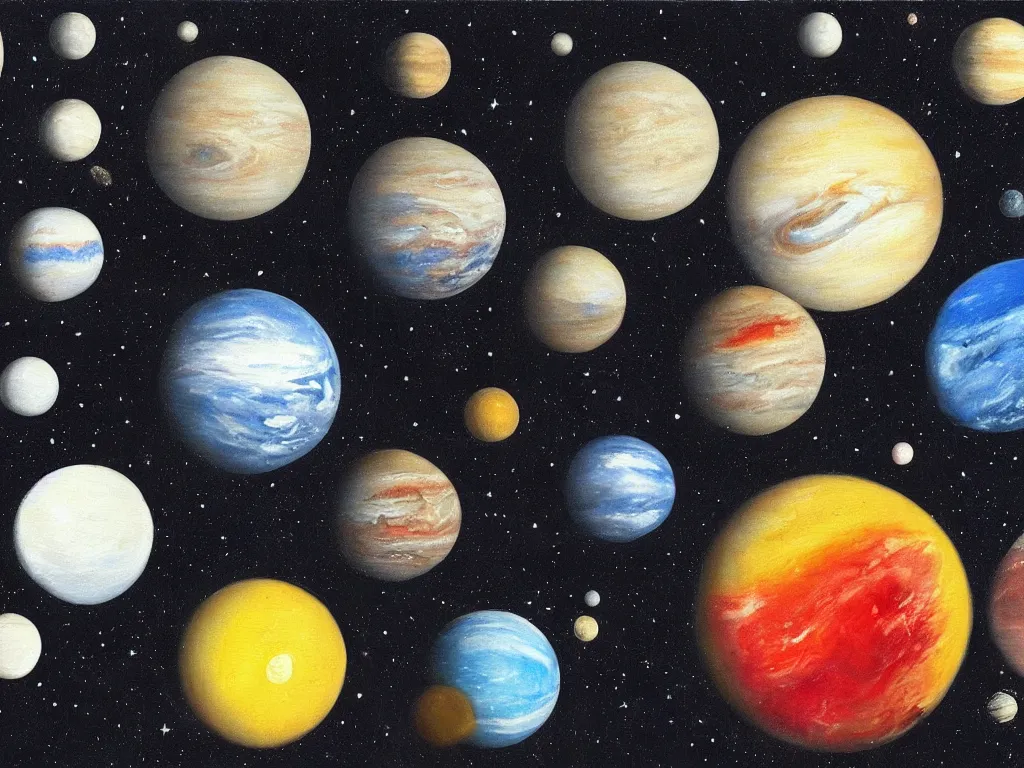 Image similar to A beautiful painting of five planets by Gioele Muscolino and, There are only five planets that are black, white, yellow, red, and blue, behind the galaxy and the universe, Trending on artstation, starry sky