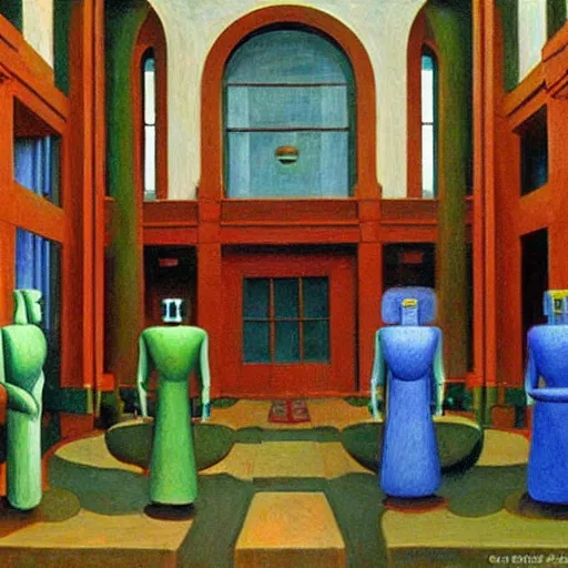 Image similar to robot druids in a grandiose atrium, grant wood, pj crook, edward hopper, oil on canvas