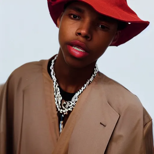 Image similar to realistic photoshooting for a new issey miyake lookbook, color film photography, portrait of a beautiful woman, model is wearing a bucket hat, photo in style of tyler mitchell, 3 5 mm,