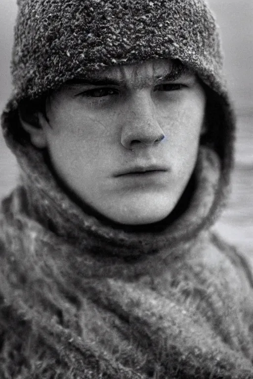 Image similar to super close up portrait of a frowning young irish adolscent 1 8 years old irish man in the cold cold sea at winter, by annie leibowitz, 1 9 9 8,