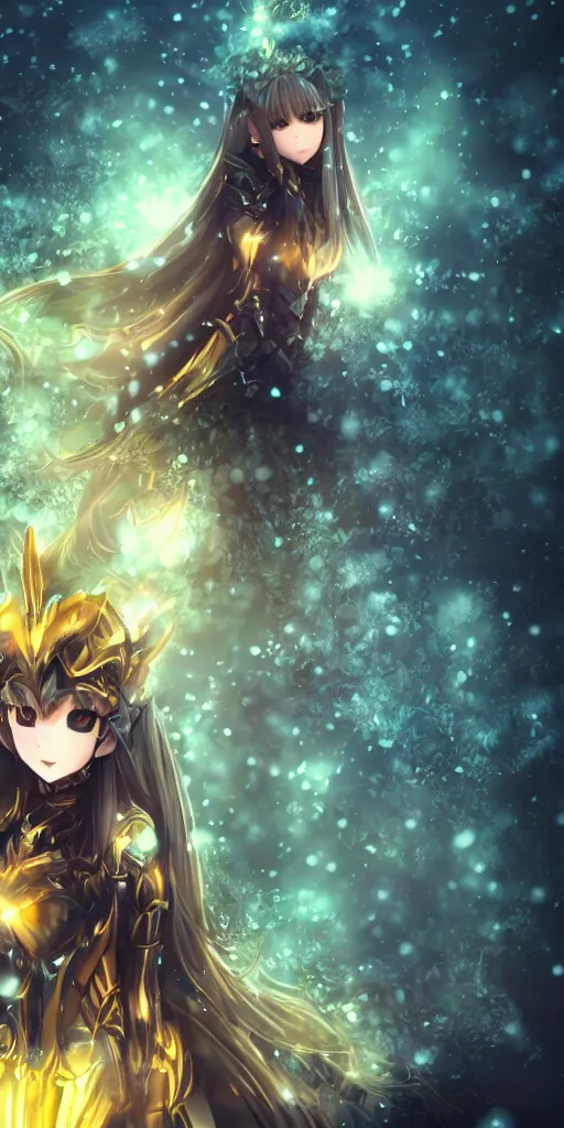 Prompt: full shot portrait focus of beautiful darkness knight 3D anime girl, golden armor wearing, dark forest background, snowing, bokeh, inspired by Masami Kurumada, digital painting, high contrast, unreal engine render, volumetric lighting, high détail